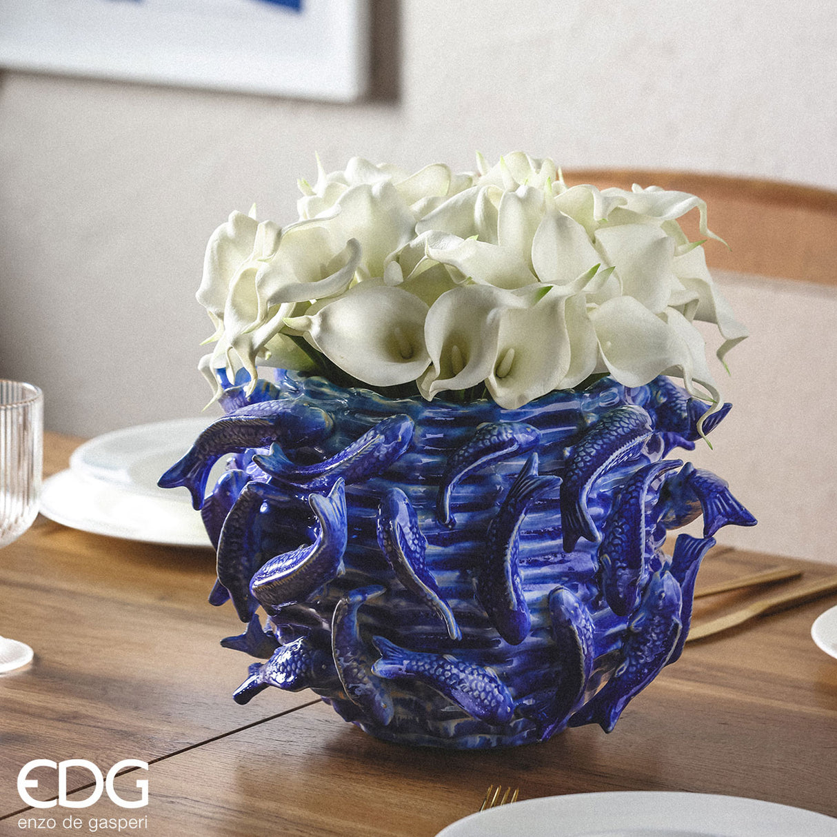 EDG Enzo De Gasperi Vaso Chakra Carpe Coi 20,5x33cm Blu Ceramica