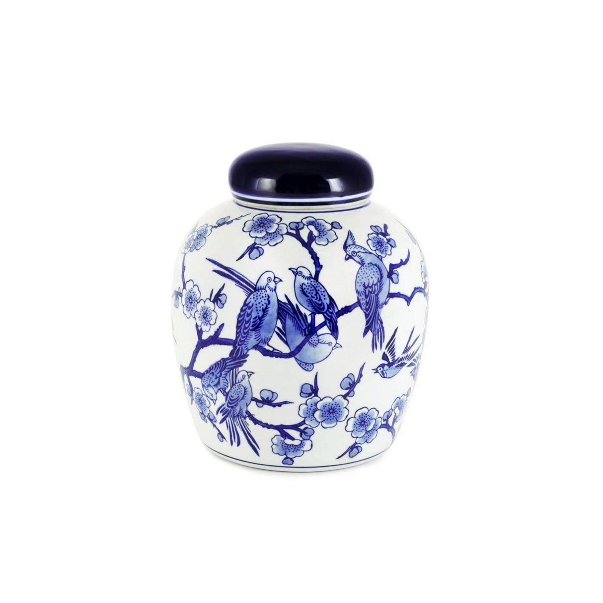 ABHIKA Vaso con Coperchio Potiche Orientale Chino 20x16cm Bianco Blu Ceramica