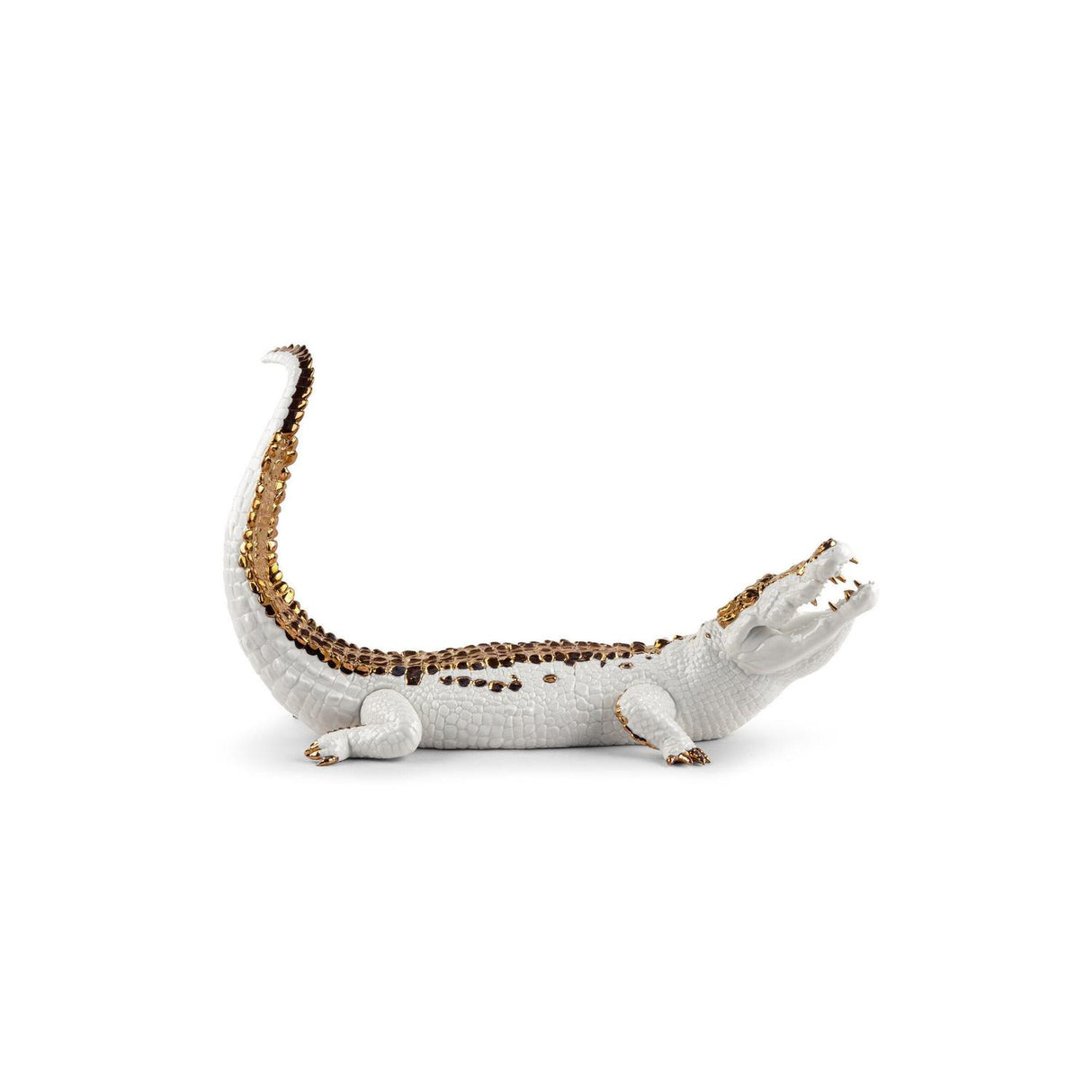 Lladró Scultura Coccodrillo Bianco Rame 39x68cm Porcellana