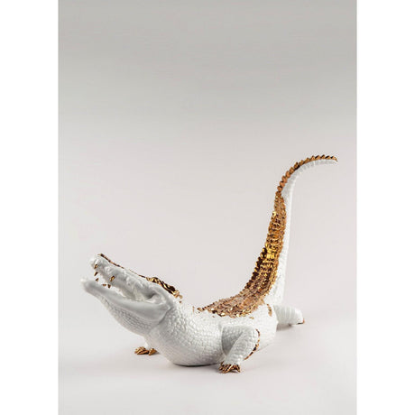 Lladró Scultura Coccodrillo Bianco Rame 39x68cm Porcellana