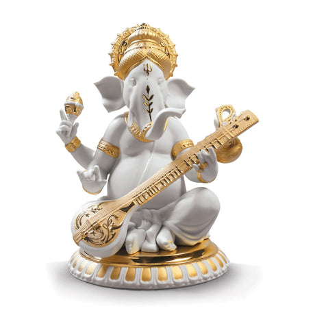 Lladró Figurina Ganesha con Veena Lustro Oro 23x19cm Porcellana
