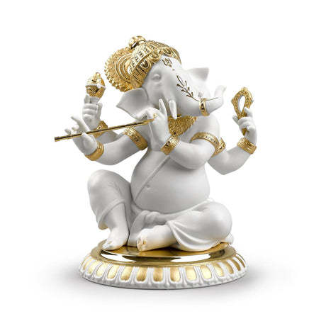 Lladró Figurina Ganesha con Bansuri Lustro Oro 23x19cm Porcellana