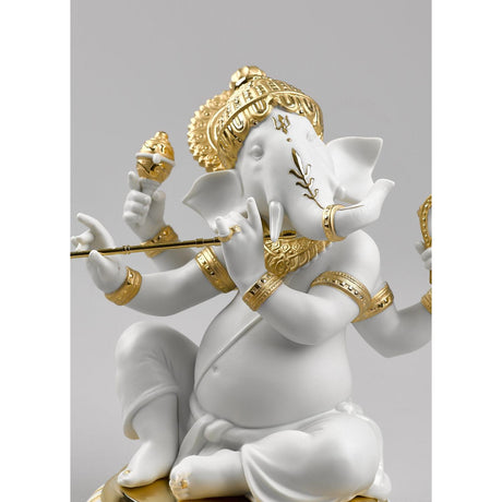 Lladró Figurina Ganesha con Bansuri Lustro Oro 23x19cm Porcellana