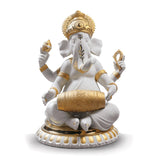 Lladró Figurina Ganesha con Mridangam Lustro Oro 23x18cm Porcellana