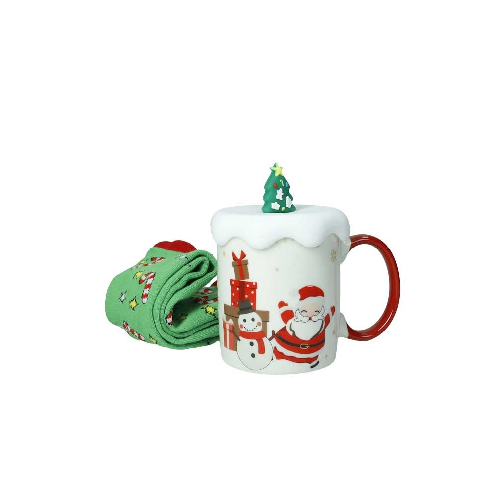 BRANDANI Tazza MUG Natalizia con Tappo e Calzini 9,5x8cm Porcellana