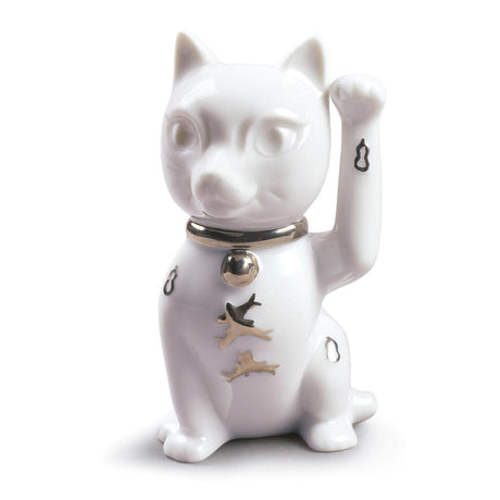 Lladró Figurina Maneki Neko Lustro Argento 11x6cm Porcellana