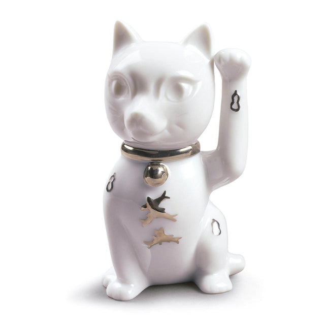 Lladró Figurina Maneki Neko Lustro Argento 11x6cm Porcellana