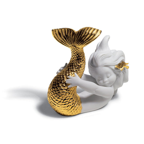 Lladró Figurina Sirena Giocando con Il Mare Lustro Oro 10x12cm Porcellana