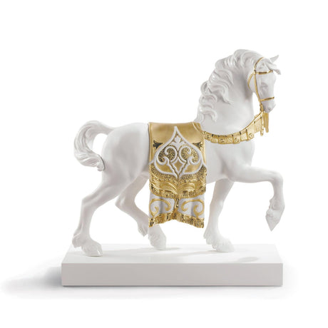 Lladró Scultura Cavallo Cortigiano Lustro Oro 42x40cm Porcellana