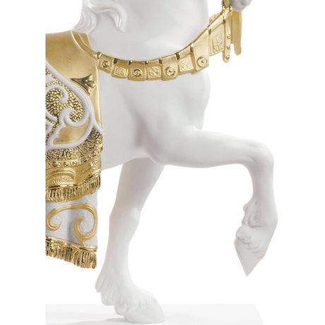 Lladró Scultura Cavallo Cortigiano Lustro Oro 42x40cm Porcellana