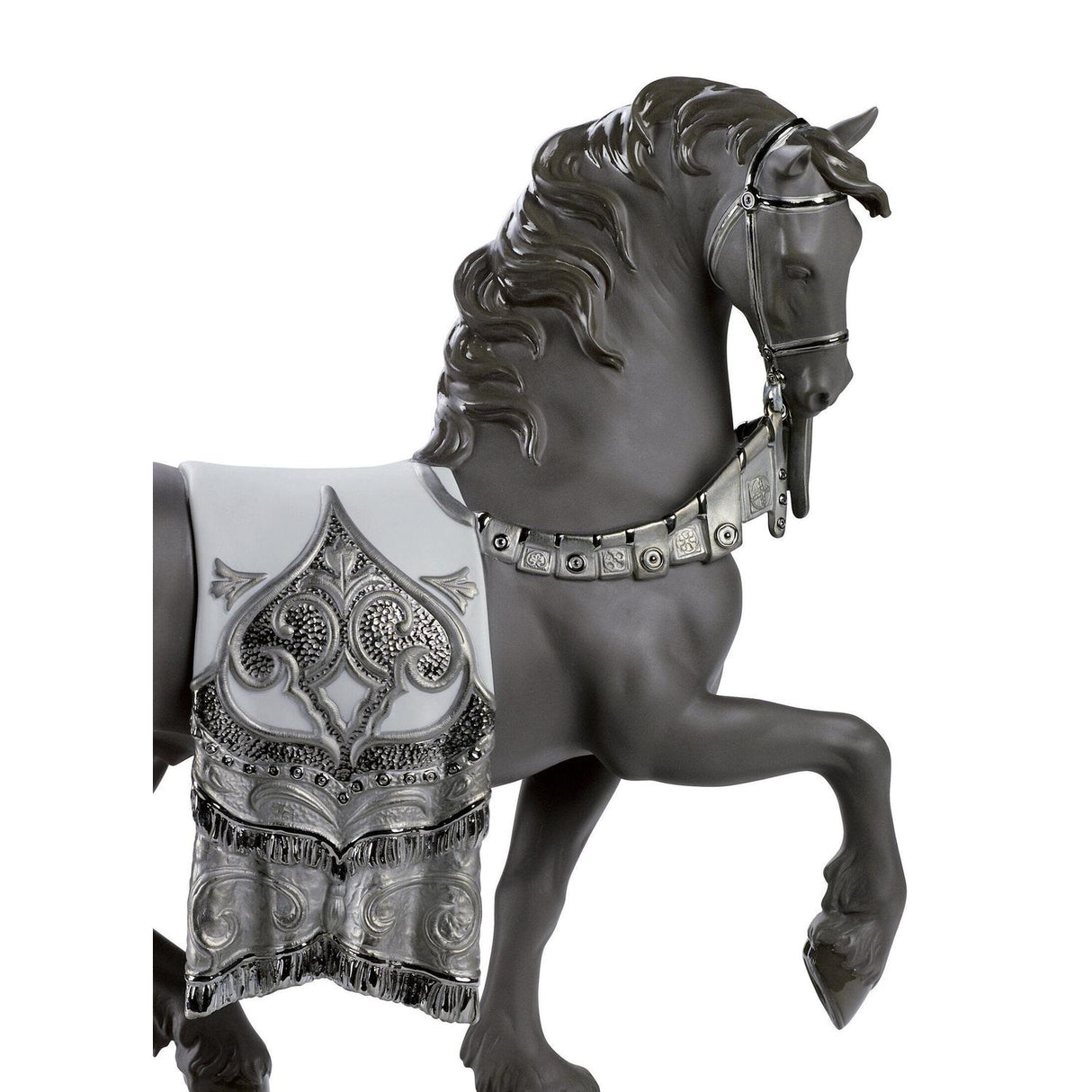 Lladró Scultura Cavallo Cortigiano Lustro Argento 42x40cm Porcellana