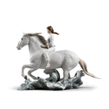 Lladró Figurina Cavallo e Donna Galoppo Nel Mare 36x48cm Porcellana