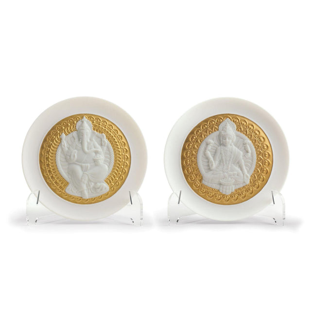 Lladró Set Piatti Decorativi Dea Lakshmi e Lord Ganesha Lustro Oro 10x21cm Porcellana