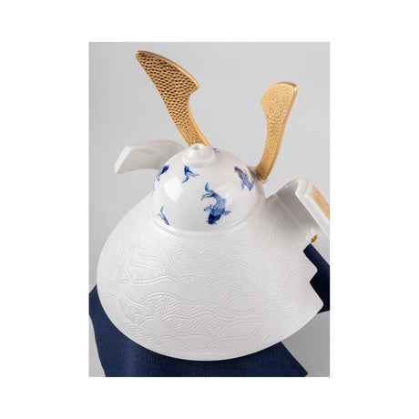 Lladró Scultura Elmetto Samurai Carpe Koï Blu Serie Limitata 25x21cm Porcellana
