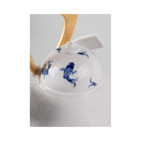 Lladró Scultura Elmetto Samurai Carpe Koï Blu Serie Limitata 25x21cm Porcellana