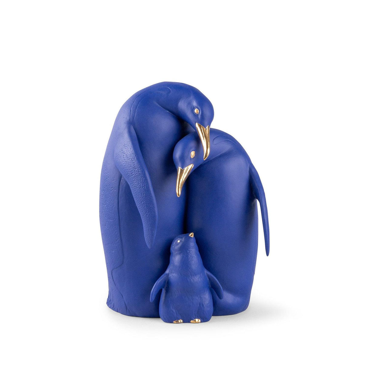 Lladró Scultura Famiglia di Pinguini Blu Oro Serie Limitata 25x16cm Porcellana