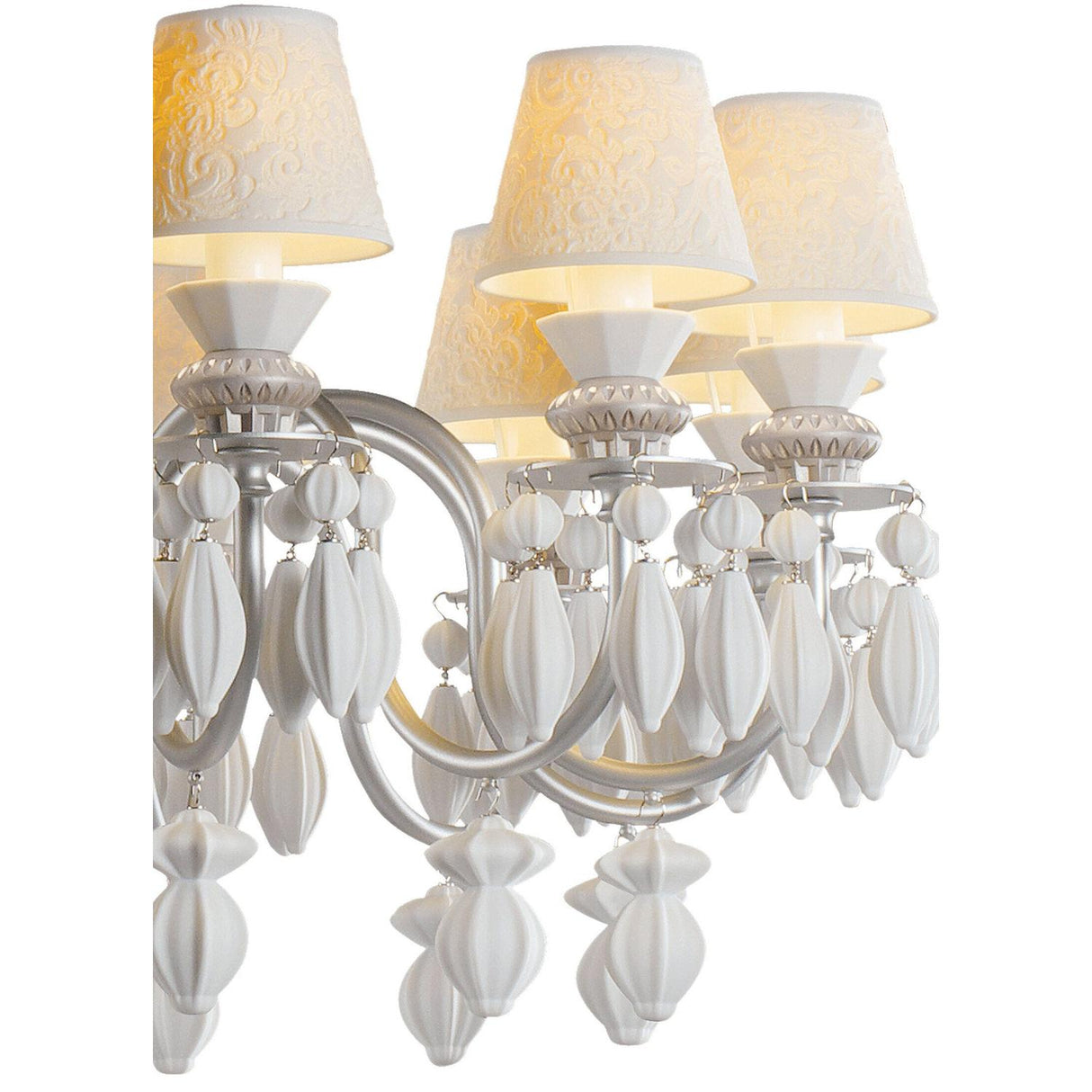 LLADRO' Chandelier Belle De Nuit 12 Luci Lustro Argento 100x65cm Porcellana