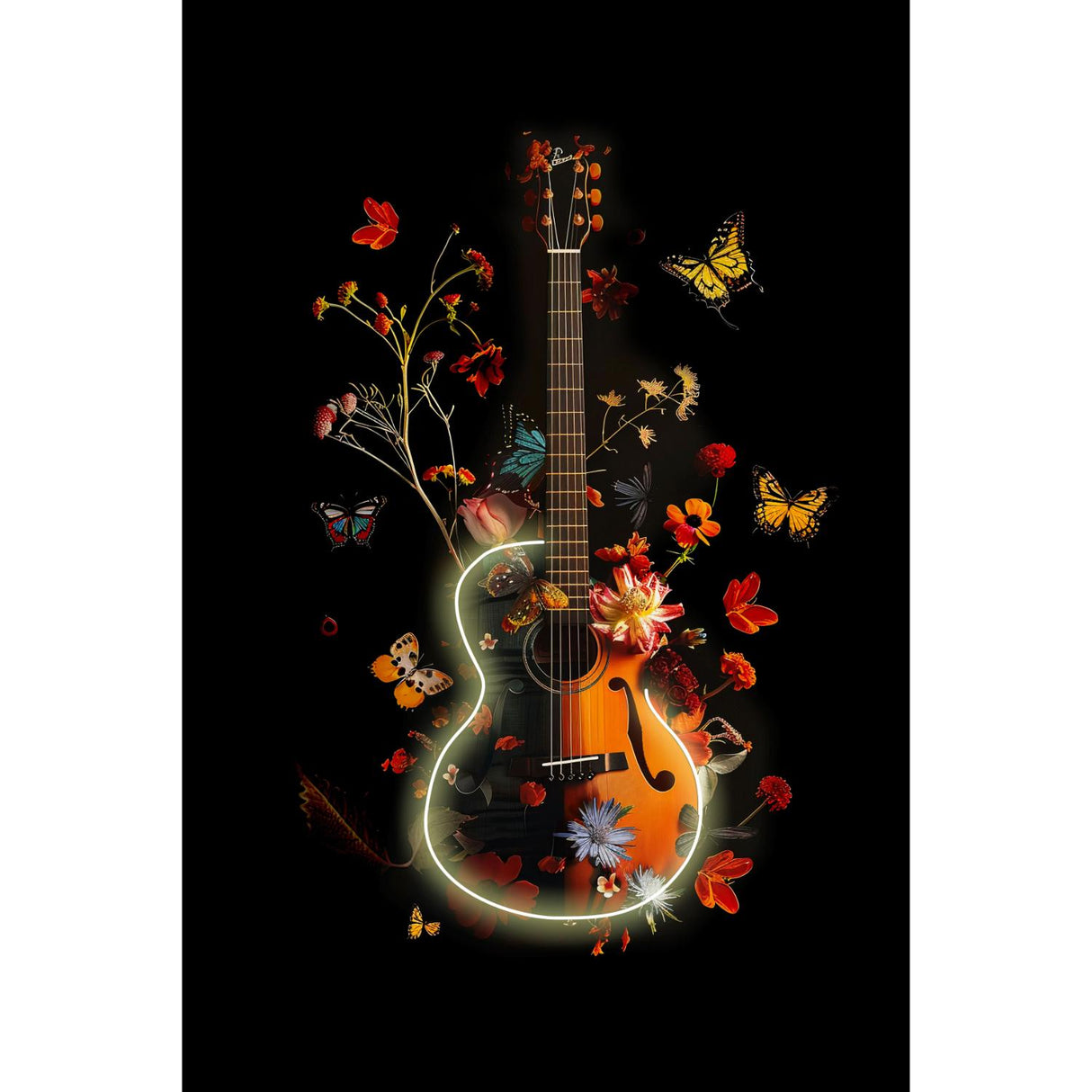 PALAIS ROYAL Quadro Stampa su Tela con LED Chitarra con Fiori 80x120cm