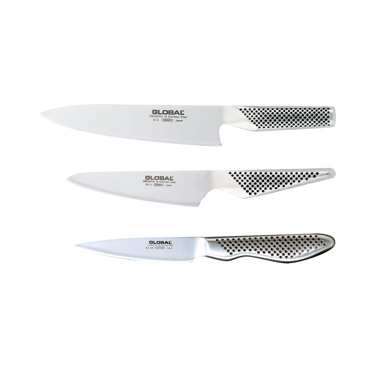 GLOBAL Set 3 Coltelli da Cucina Cuoco Multiuso Spelucchino Acciaio Inox