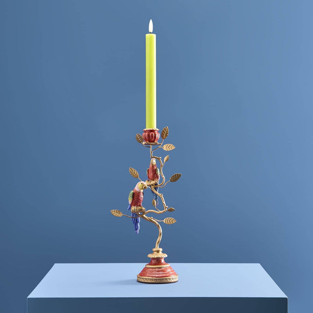 WERNS Candelabro Portacandele Dipinto a Mano Pappagalli 33x16cm Poliresina e Metallo