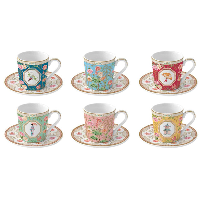 EASY LIFE Jardins d'Orient Set 6 Tazzine Espresso 100ml con Piattini Porcellana