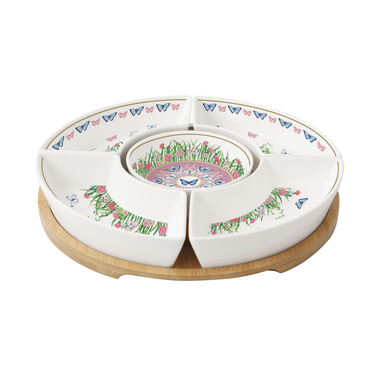 EASY LIFE Spring Parade Set Aperitivo in Bamboo con 5 Ciotole in Porcellana 25cm