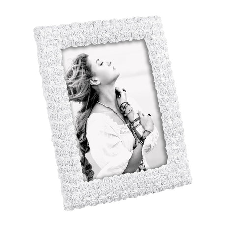 Portafoto Mascagni Casa in resina bianca con decoro a roselline 15x20 cm