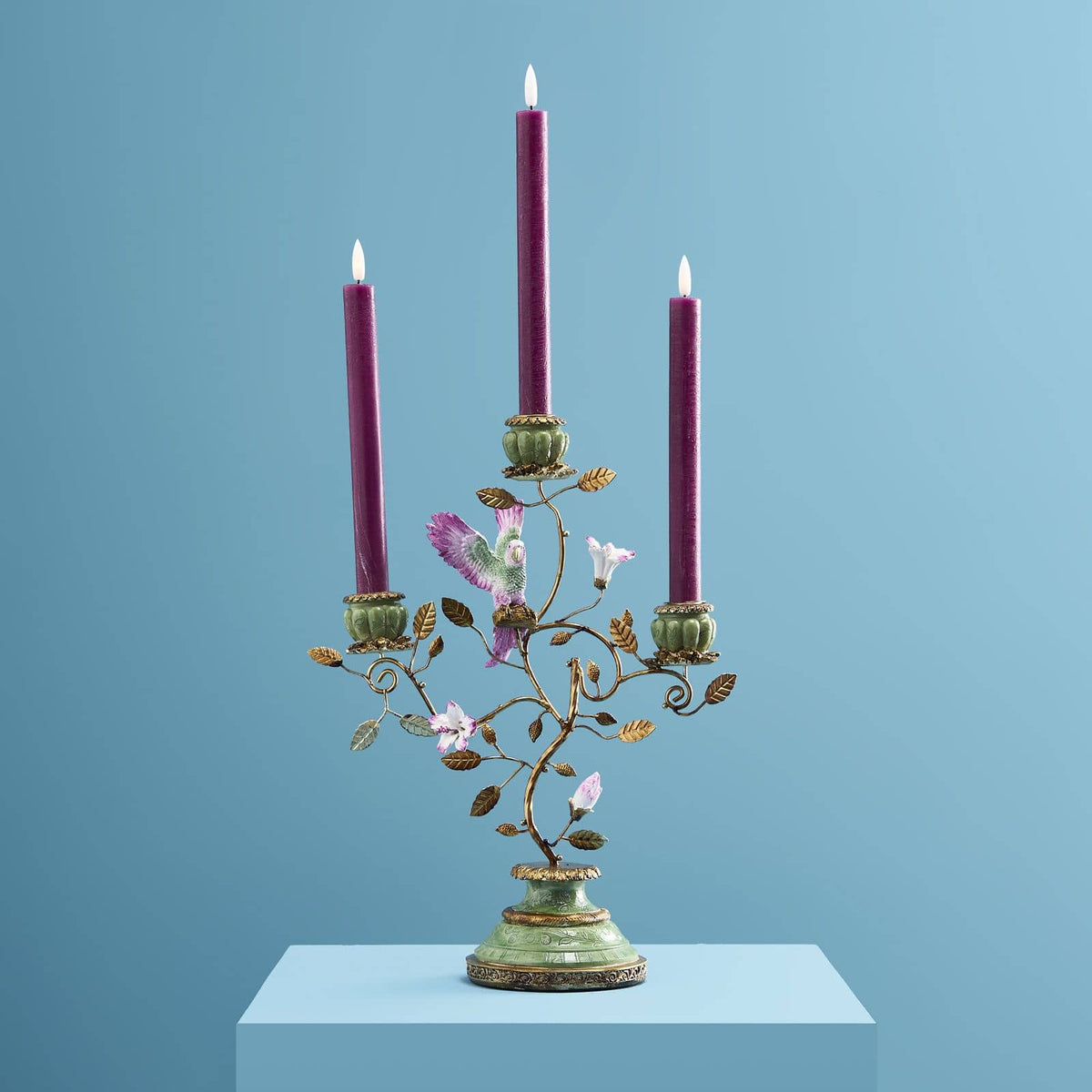 WERNS Candelabro Portacandele Pappagallo 38cm Verde Oro Poliresina e Metallo