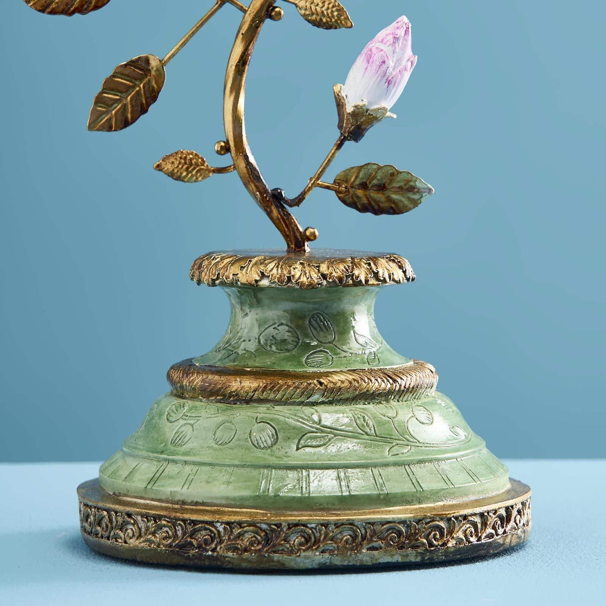 WERNS Candelabro Portacandele Pappagallo 38cm Verde Oro Poliresina e Metallo
