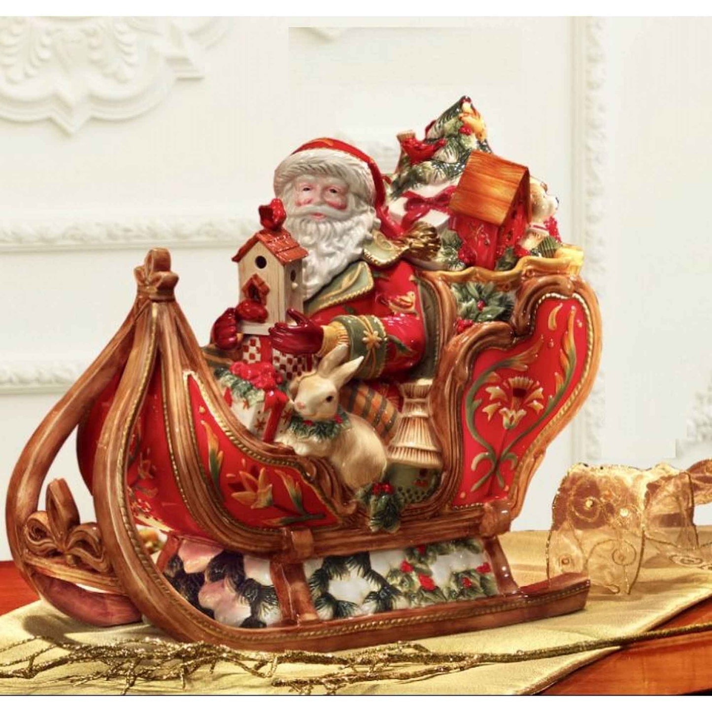 FITZ & FLOYD Figura Scatola Babbo Natale su Slitta 34x36cm Porcellana
