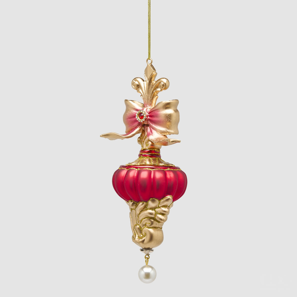 EDG Enzo De Gasperi Addobbo Natalizio a Trottola con Fiocco Rosso e Oro in Vetro 20,5x7cm