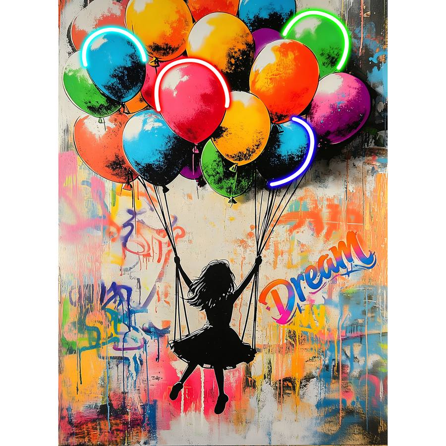 PALAIS ROYAL Quadro LED Bambina con Palloncini Dream Stampa su Tela 60x80cm
