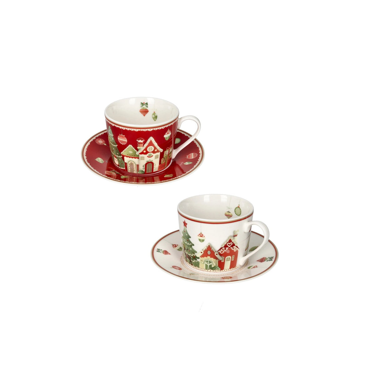 BRANDANI Set 2 Tazze da Tè Natalizie Villaggio in Festa con Piattino in Porcellana New Bone China 14,5cm