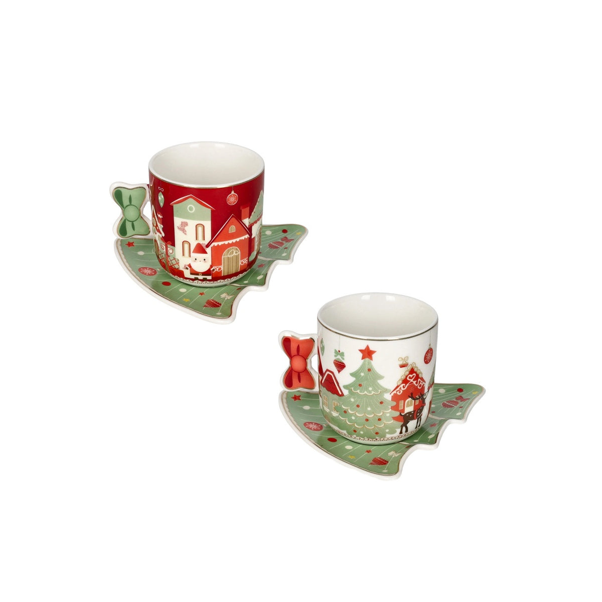BRANDANI Set 2 Tazze Natalizie Villaggio in Festa con Piattino ad Albero in Porcellana New Bone China 14x13cm