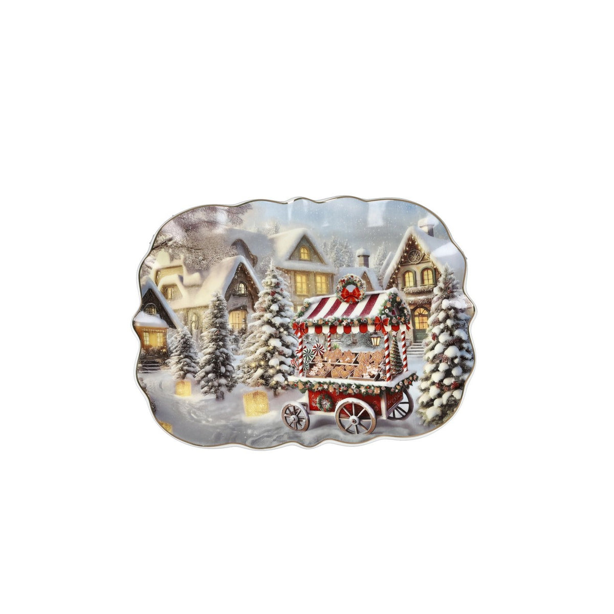 BRANDANI Vassoio Natalizio Smerlato Borgo Goloso Grande in Porcellana 33x24,5cm