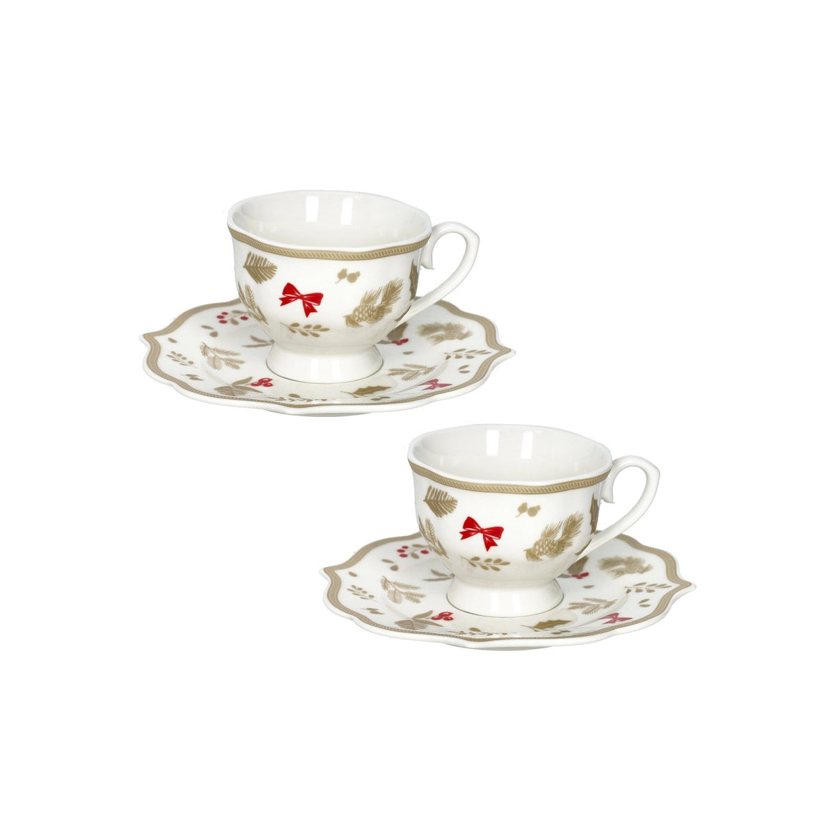 BRANDANI Set 2 Tazzine da Caffè Natalizie Treschic con Piattino in Porcellana New Bone China 13cm