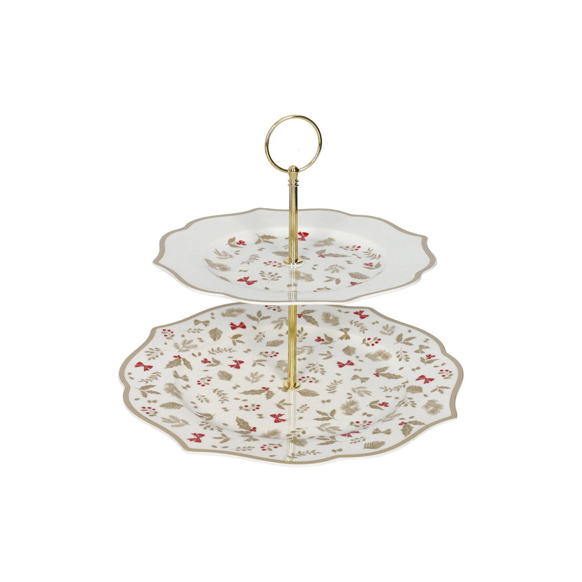BRANDANI Alzata Natalizia Treschic a 2 Piani in Porcellana New Bone China con Asta Dorata 28cm
