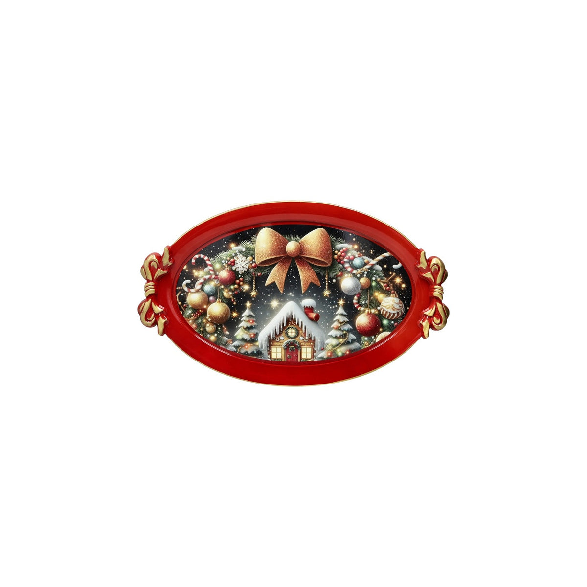 BRANDANI Vassoio Natalizio Christmas Ovale Rosso con Manici a Fiocco 50x30cm