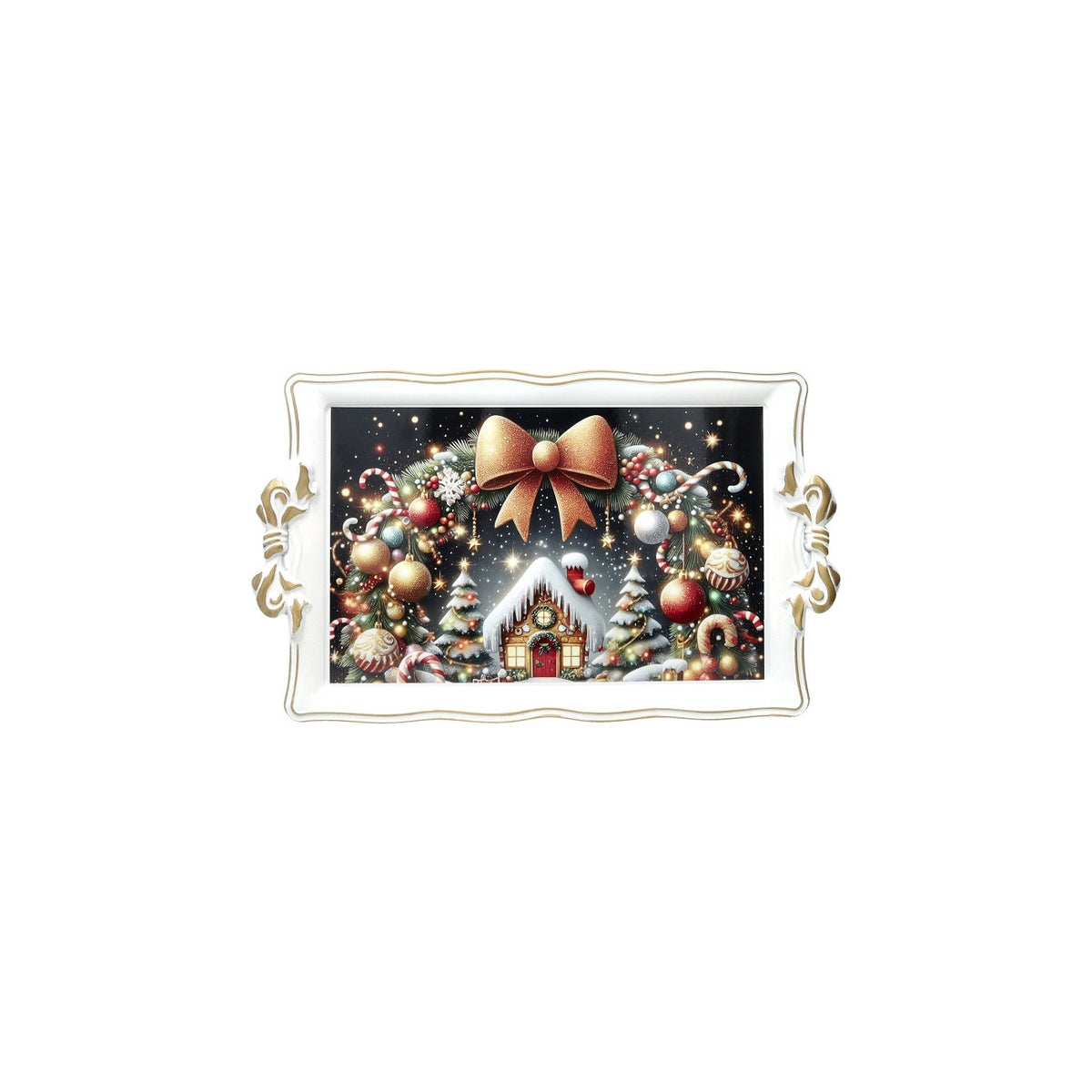 BRANDANI Vassoio Natalizio Christmas Rettangolare Bianco con Manici a Fiocco 50x30cm