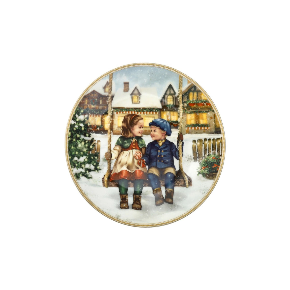 BRANDANI Piattino Natalizio Cuccioli Bambini sull'Altalena in Porcellana 19cm