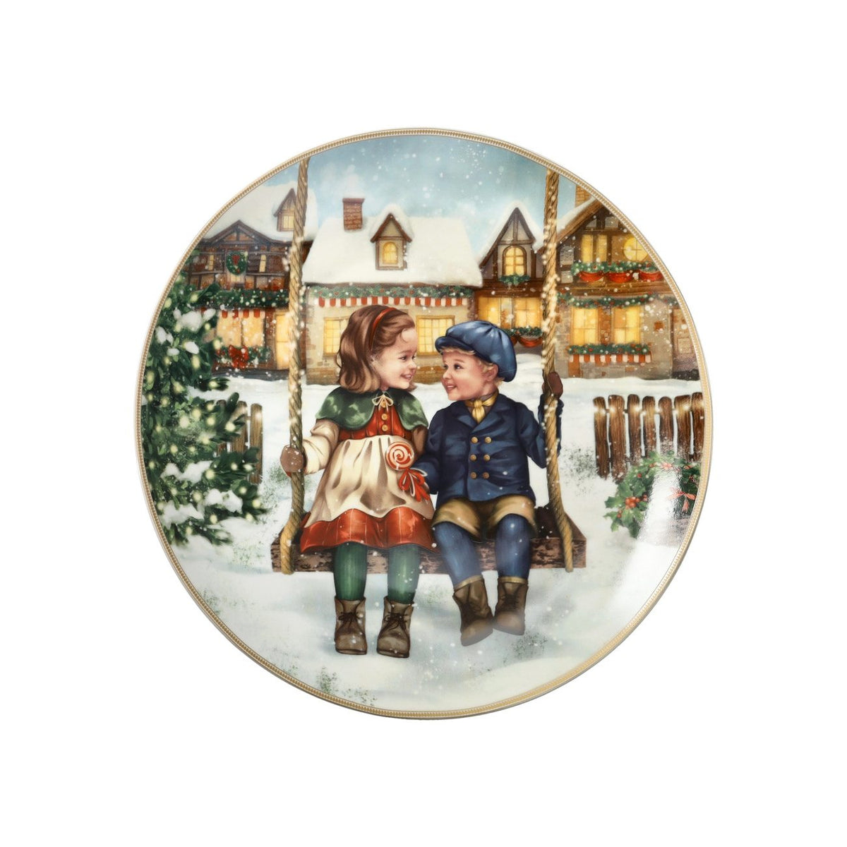 BRANDANI Piatto Natalizio Cuccioli Bambini sull'Altalena in Porcellana 30cm