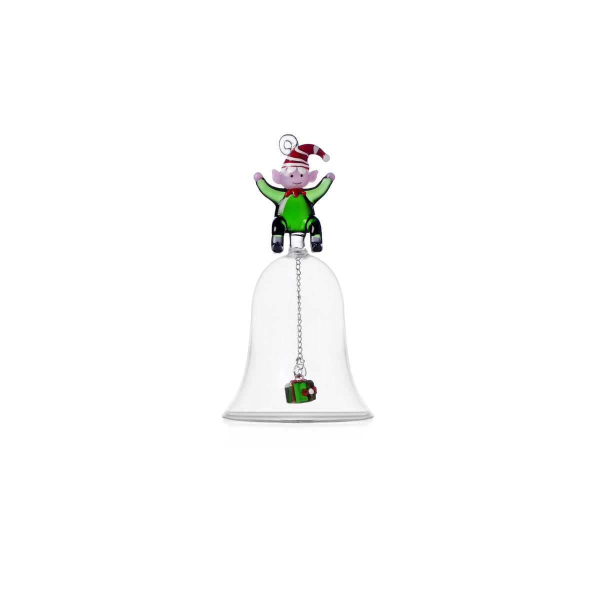 ICHENDORF Campana Natalizia Christmas Tales Elfo Verde con Regalo in Vetro Borosilicato 12cm