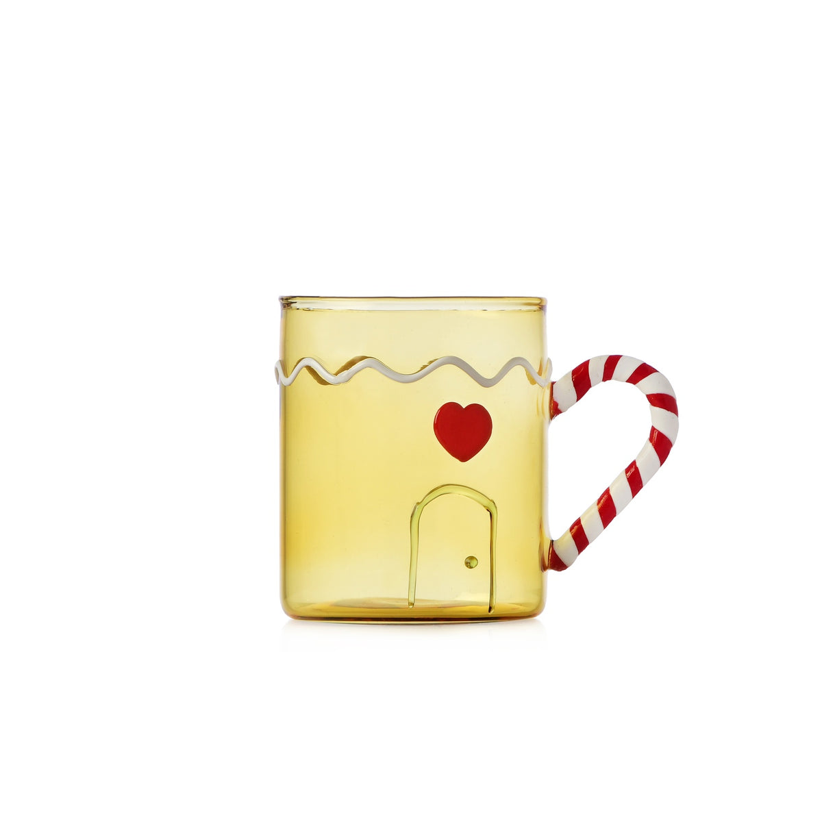 ICHENDORF Tazza Natalizia Sweet & Candy Gialla con Manico a Bastoncino e Lampone in Vetro Borosilicato 16cm