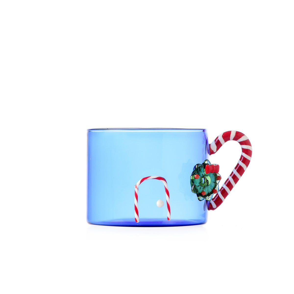 ICHENDORF Tazza Natalizia Sweet & Candy Blu con Manico a Bastoncino e Ghirlanda in Vetro Borosilicato 8cm