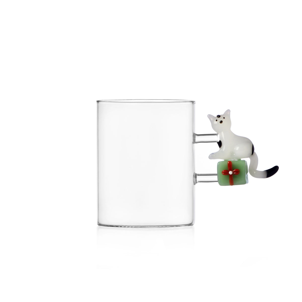 ICHENDORF Tazza Natalizia Tabby Cat Gatto Bianco con Regalo Verde in Vetro Borosilicato 10cm