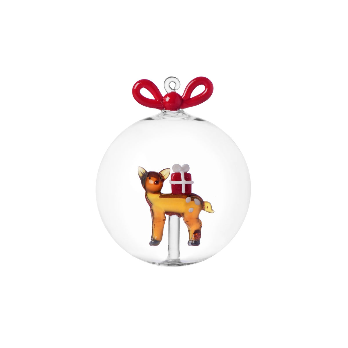 ICHENDORF Palla di Natale Woodland Tales Renna con Regalo Rosso in Vetro Borosilicato 9,5cm