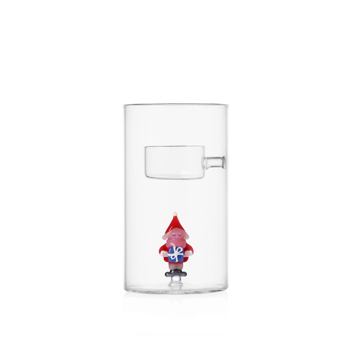 ICHENDORF Portacandela Natalizio Christmas Tales Babbo Natale con Regalo Azzurro in Vetro Borosilicato 14cm