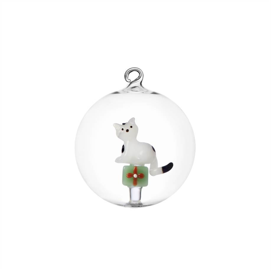 ICHENDORF Palla di Natale Tabby Cat Gatto Bianco con Regalo Verde in Vetro Borosilicato 8cm