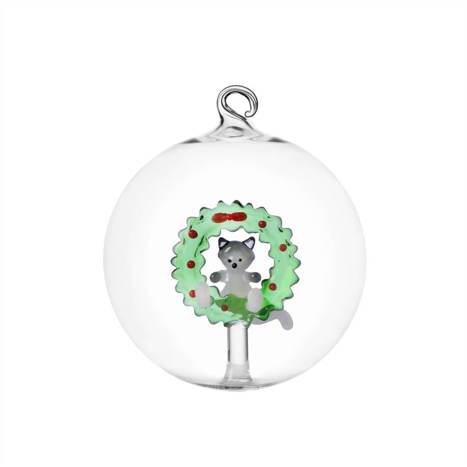 ICHENDORF Palla di Natale Tabby Cat Ghirlanda con Gatto Bianco in Vetro Borosilicato 12cm
