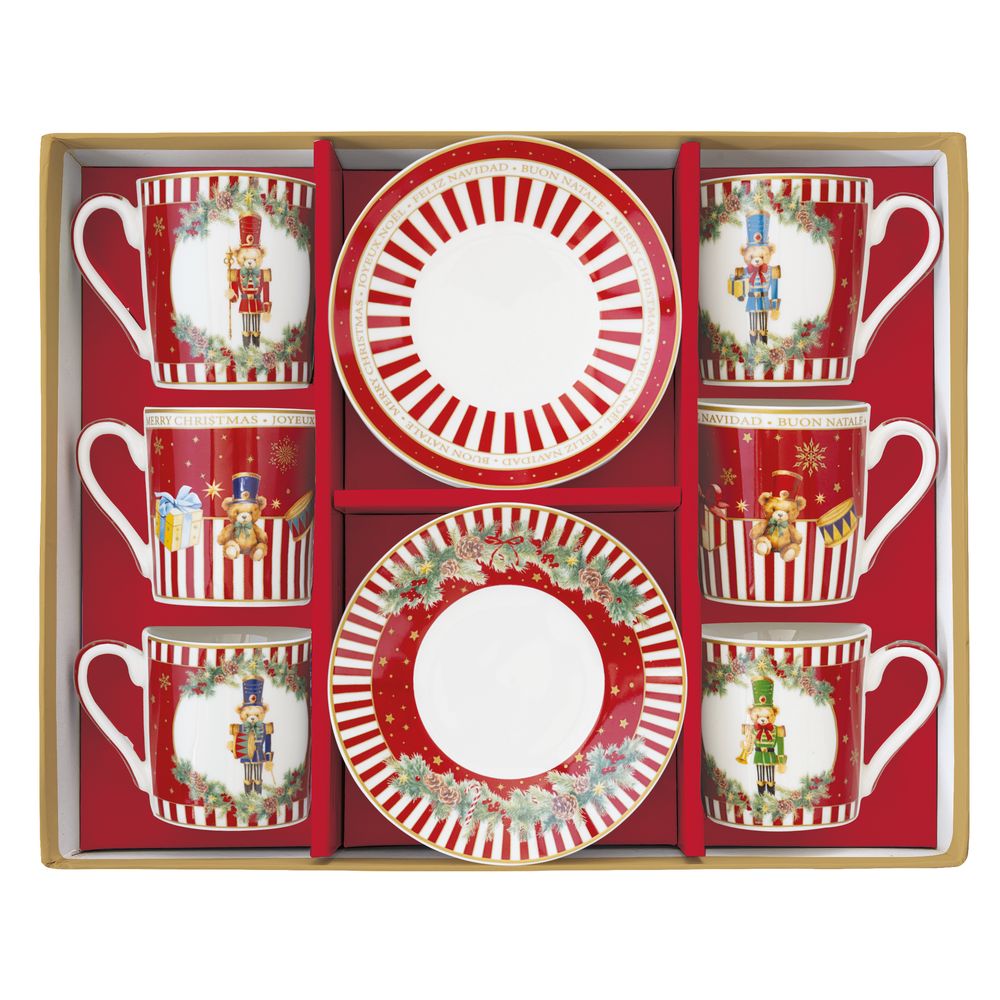 EASY LIFE Set 6 Tazzine da Caffè Natalizie con Piattino Christmas Teddy in Porcellana 100ml